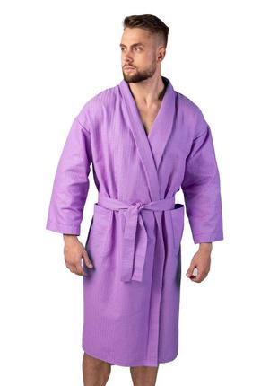 Вафельный халат luxyart кимоно размер (54-56) xl 100% хлопок сиреневый (ls-2419)