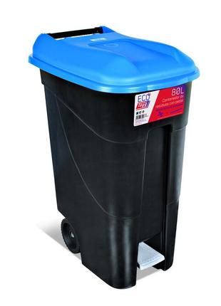 Ведро для мусора 80 л eco tayg (испания) 40*58*79 см. черный на колесах, с педалью и ручкой, синей крышкой