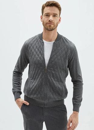 Серая мужская кофта lc waikiki/лс вайкики в рельефные ромбы, с карманами, на молнии