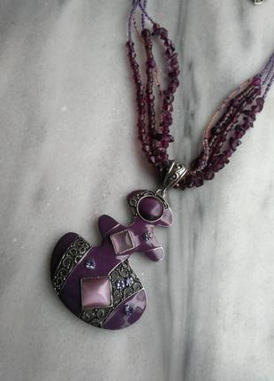 Підвіска оригінальна бузковий і фіолетовий емаль з каменями, стразами і з бісером