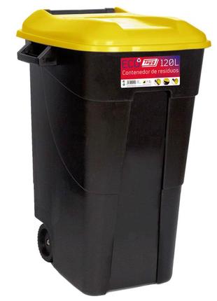 Бак для мусора 120л ecotayg (испания) 60*56,8*88,6см, черный с жёлтой крышкой и ручками, на колесах(422010а)1 фото