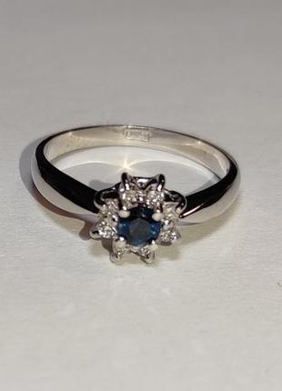 Золотое кольцо с сапфиром и бриллиантами 0,12 карат. белое золото! новые (код: 14441)2 фото