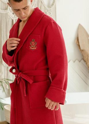 Натуральный вафельный мужской халат на запах, длинный банный красный халат