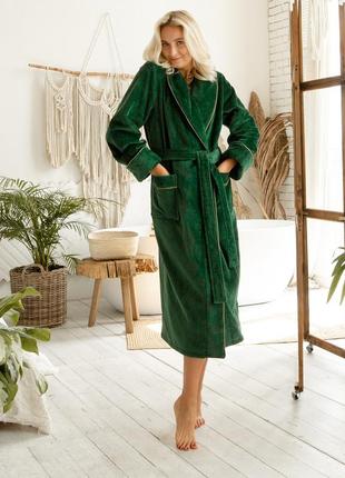 Жіночий халат преміум-махра велюр 100% бавовна, комір, довгий на запах, колір смарагд