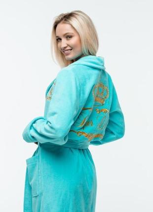 Женский велюровый халат с индивидуальной вышивкой бирюза8 фото