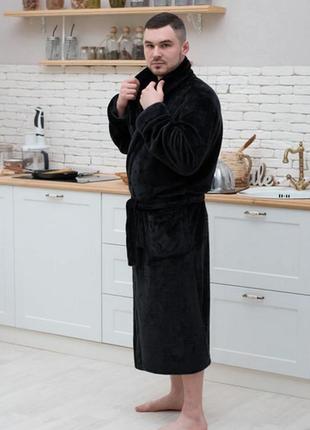 Мужской халат махровый длинный с воротником черный на запах4 фото