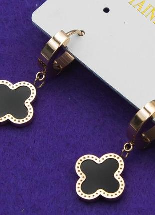 Серьги сталь с черной вставкой на круглом замке клевер