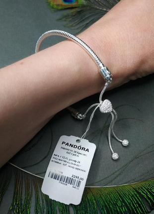 Браслет слайдер пандора серебро 925 проба цирконий ale регулируется сердечки сердце камни камешки логотип бренда