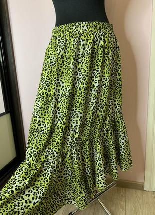 Юбка миди зеленая леопардовая рюши, воланы, неон9 фото