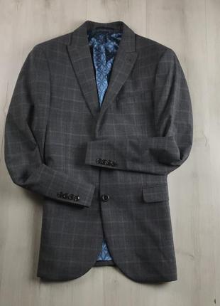 F0 пиджак приталенный next серый синий клетчатый в клетку классический костюм брюки смокинг