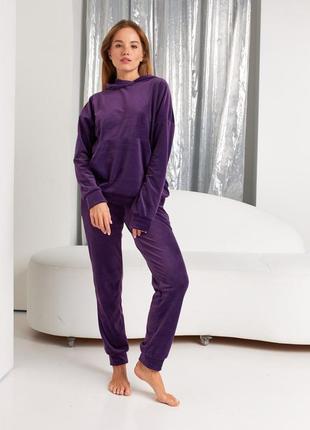 Фиолетовый велюровый плюшевый костюм худи и штаны