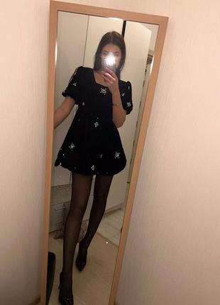 Чёрное бархатное платье со стразами роскошная мини сукня чорна  44 46 м7 фото
