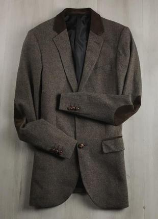 F0 пиджак приталенный new look коричневый бежевый с шерстью шерсть с нашивками на рукавах однотонный
