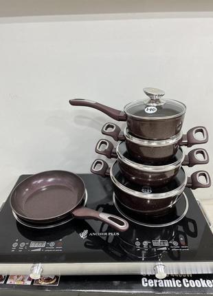 Набір каструль зі сковородою для кухні граніт круглий ( 9 предметів) пк-313 кави (3 кольори)