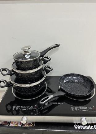 Набір посуду зі сковородою граніт круглий ( 7 предметів) пк-314 чорний1 фото