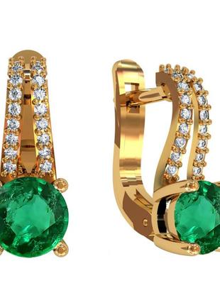 Жіночі золоті сережки з смарагдом і діамантами 0,18 карат. жовте золото. нові (код: 15221)1 фото