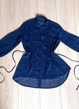 Блузка женская тёмно синяя завязки на поясе