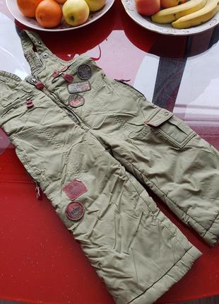 Mariquita теплі зимові штани на лямках напівкомбінезон для хлопчика 9-12м 74-80см хакі
