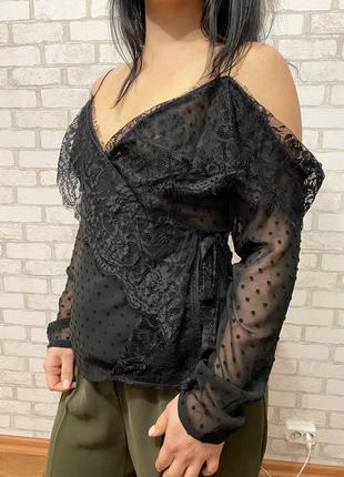 Блуза топ на запах полупрозрачная сетка и кружево с открытыми плечами 1083 фото