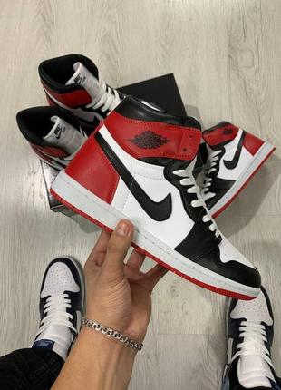 Мужские высокие черно-белые с красным кожаные кроссовки nike air jordan  1🆕9 фото