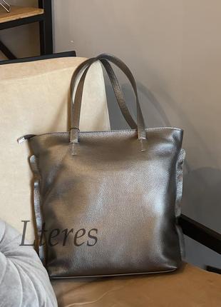 Шкіряна містка жіноча сумка-шопер, колір нікель