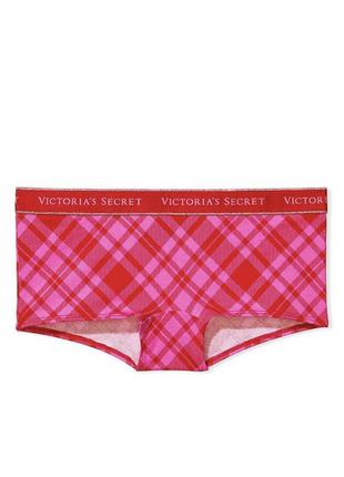 Трусики шортики розовые красные клетка логотип хлопок оригинал victoria’s secret3 фото