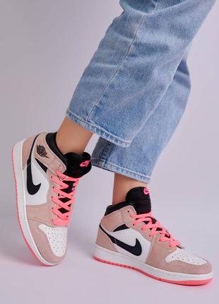 Женские высокие розовые кожаные кроссовки nike air jordan 1 🆕найк джордан