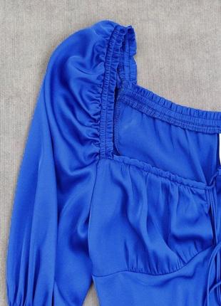 Шовкова синя блуза з зав'язками з об'ємними рукавами2 фото