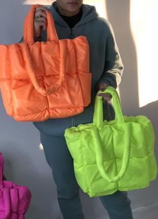 Дизайнерская оранжевая сумка тоут стёганая с подкладкой, двойные ручки4 фото