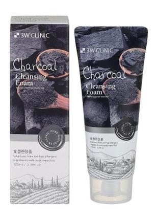 Пінка для вмивання з деревним вугіллям 3w clinic charcoal cleansing foam 100 ml