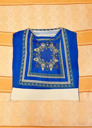 Блузка синя блакитна орнамент квадрат тканина стрейч трикотин жіноча