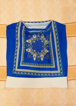 Блузка синяя голубая орнамент квадрат ткань стрейч трикотин женская2 фото