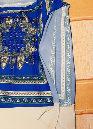 Блузка синяя голубая орнамент квадрат ткань стрейч трикотин женская5 фото