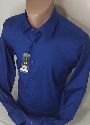 Рубашка мужская fiorenzo vd-0061 синяя однотонная приталенная турция стретч, стильная с длинным рукавом кнопки7 фото