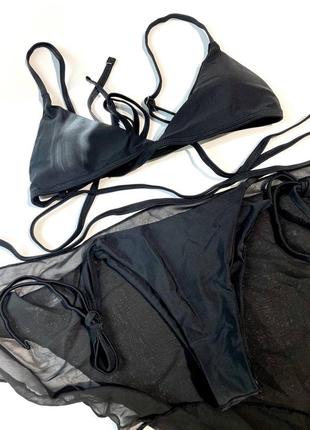 Купальник 3 в 1: раздельный черный бикини и шифоновая юбка парео5 фото