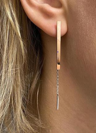 Серебряные серьги протяжки с золотой пластиной, 925 и 375 проба