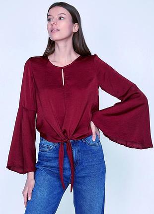 Блуза в етно/бохо стилі з вузликом зав'язкою з розкльошеними рукавами-розтрубами