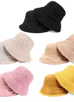 Шапка панама двухсторонняя, меховая, плюшевая, пушистая (тедди, барашек, каракуль) 2, унисекс