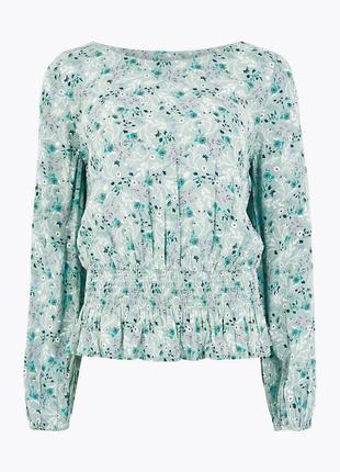 Романтичная натуральная цветочная блуза топ в мелкий цветочный принт мятная с оборкой вискоза салатова блузка квітковий дрібний