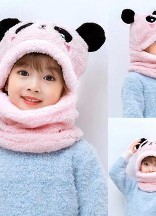 Детский снуд панда с ушками (мишка) теплая шапка-шарф 2 в 1 (зимняя шапка-шлем, балаклава) розовая 2, унисекс1 фото