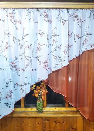 Занавеска кухонная короткая арка стелла веточка терракот