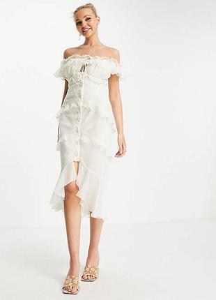 Роскошное молочное платье asos design с рюшами и пуговками!2 фото