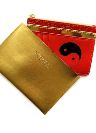 Гаманець зі шкіри "інь янь" червоний на замочку, шкіряний гаманець, гарний гаманець