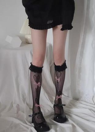Черные милые высокие носки гольфы с бантиками и рюшами в сеточку лолита косплей аниме милый подарок3 фото