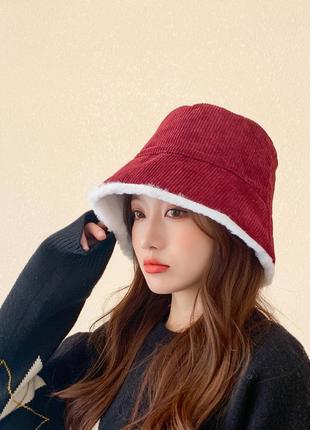 Хутряна панама двостороння/ в рубчик / демісезонна панама / жіноча панама / чоловіча панама / бордова