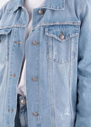 Стильный голубой джинсовый кардиган удлиненная джинсовка куртка модная с рисунком4 фото