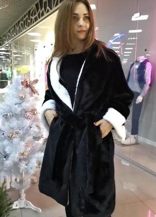 Шуба пальто з поясом приталені вільна чорна довга біла