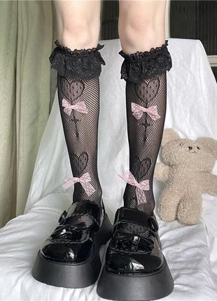 Черные милые высокие носки гольфы с бантиками и рюшами в сеточку лолита косплей аниме милый подарок6 фото
