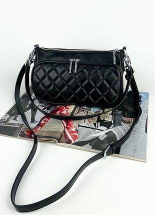Женская кожаная двухсторонняя стеганная сумка клатч через и на плечо polina & eiterou черная