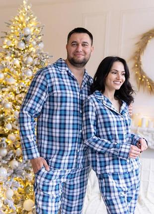 Стильна котонова піжама клітинка, домашній костюм, штани і сорочка, family look